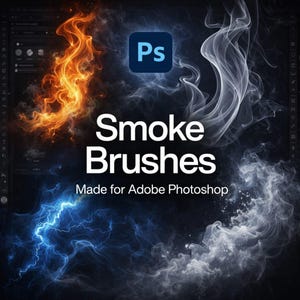 Może przedstawiać: Grafika cyfrowa z pędzlami dymu do Adobe Photoshop. Obraz przedstawia ogniste pomarańczowe, białe i niebieskie efekty dymu z logo Adobe Photoshop. Tekst brzmi "Smoke Brushes Made for Adobe Photoshop."