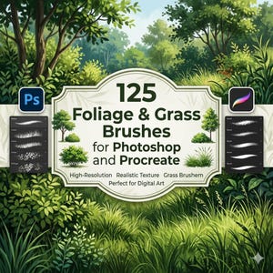 May include: An image showcasing digital art brushes for Photoshop and Procreate. The central design element is a cream-colored banner with the text "125 Foliage & Grass Brushes." The image includes examples of brush strokes and a lush green background.