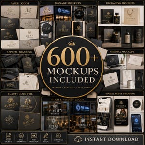 May include: A promotional image showcasing a collection of mockups for branding and design. The image features various mockups, including paper logos, signage, packaging, apparel, and social media branding. The central element highlights "600+ Mockups Included."