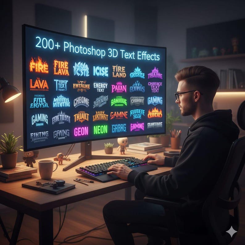 Pu&ograve; includere: Un monitor di computer mostra "200+ Photoshop 3D Text Effects" con vari stili di testo, tra cui "Fire", "Lava" e "Gaming". Una persona &egrave; seduta a una scrivania, che usa una tastiera. Una tazza e piccole piante sono visibili.