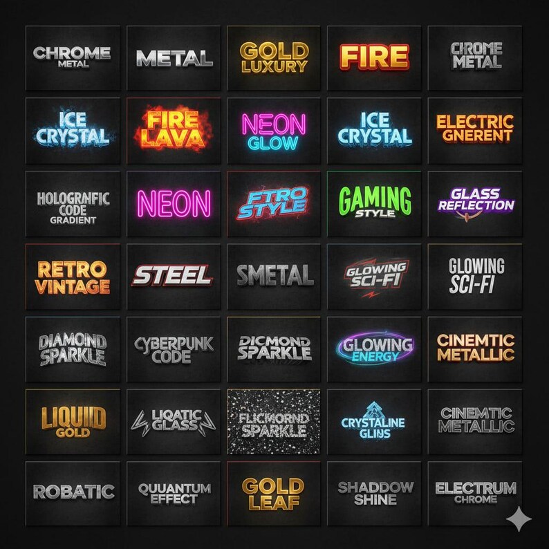 Pu&ograve; includere: Una collezione di 30 elementi di design grafico con vari effetti di testo. Il testo include parole come "Chrome Metal", "Fire Lava", "Neon Glow", "Gaming Style" e "Diamond Sparkle", ognuno con uno stile e un colore unici, su sfondo scuro.