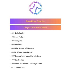 Peut inclure: Graphique avec le logo BeatRise Studio et du texte. Le texte comprend "BeatRise Studio" et "Tongue Drum Music Sheet". Les titres des chansons répertoriés sont "Hallelujah", "Hey Jude", "Imagine" et autres. Le logo est un cercle bleu et violet avec une onde musicale.