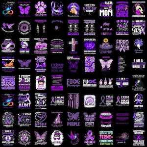 May include: A collection of eighty-one square graphic designs featuring purple awareness ribbons, butterflies, flowers, and inspirational text related to fibromyalgia awareness, all set against a solid black background.