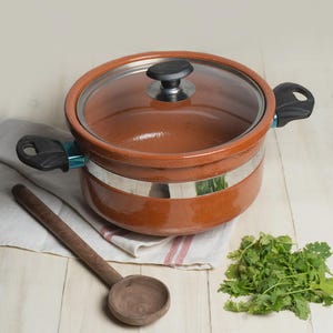 May include: A terracotta cooking pot with a glass lid and black handle. A wooden spoon and a bunch of coriander are next to the pot. The pot has a silver band and sits on a white cloth.