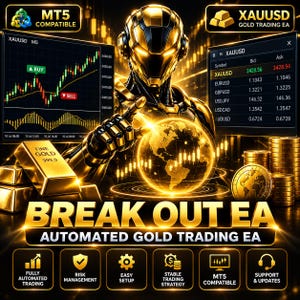 Könnte beinhalten: Eine digitale Grafik mit einer gold-schwarzen Roboterfigur, die auf einen leuchtenden Globus zeigt. Das Bild enthält Handelscharts, Goldbarren, Münzen und den Text MT5 COMPATIBLE, XAUUSD GOLD TRADING EA und BREAK OUT EA AUTOMATED GOLD TRADING EA.