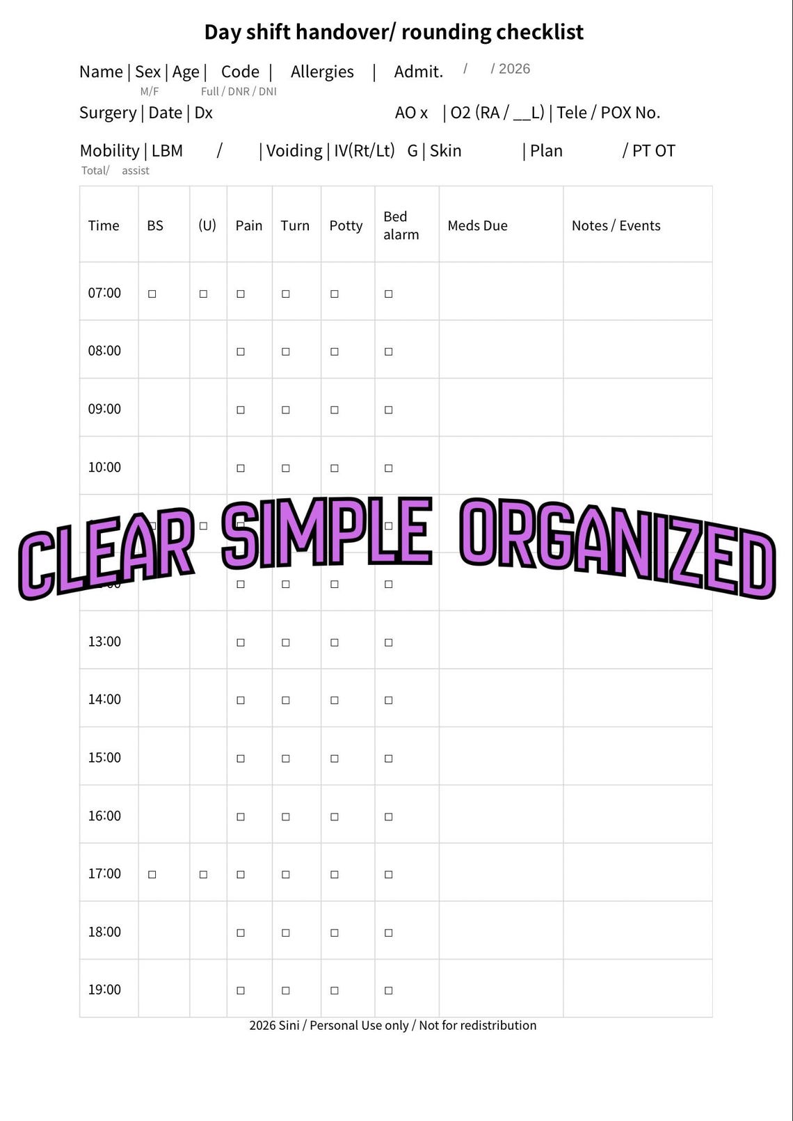 Chf Rounding Checklist Nurse Brain Sheet, Med Surg Report Sheet, Nursing Handoff & Rounding ...