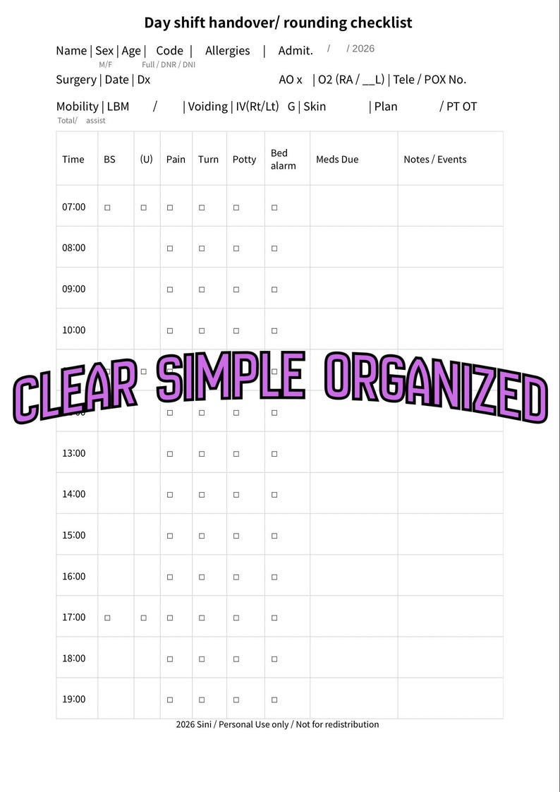 Nurse Brain Sheet, Med Surg Report Sheet, Nursing Handoff & Rounding ...