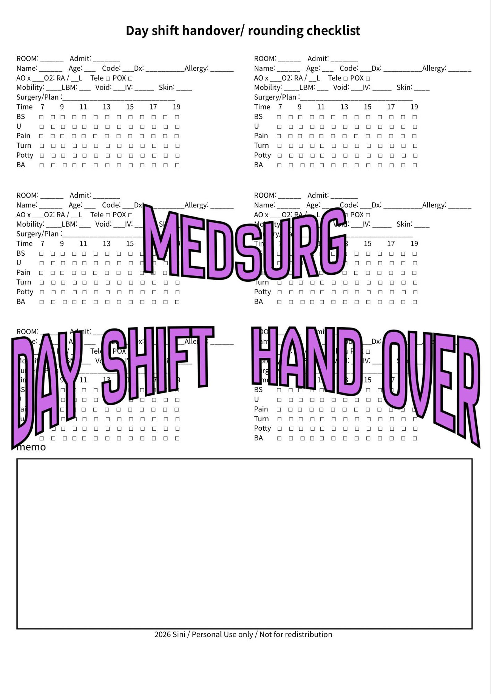 Rounding Checklists Nurse Brain Sheet, Med Surg Report Sheet, Nursing Handoff & Rounding ...
