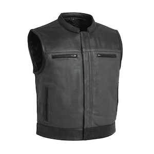 Herren Schwarz Grau Motorradweste Perforierter Cafe Racer Slim Fit Mandarin Kragen mit Reißverschluss vorne Echtes Rindsleder Zweifarbiger Lowrider Style