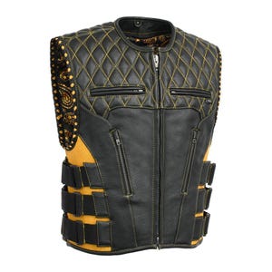 Giacca da uomo in vera pelle bovina nera e oro, resistente, moderna, stile biker, con spalle trapuntate, streetwear urbano, con cerniera frontale, regalo per uomo