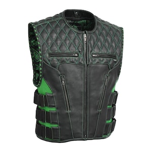 Chaqueta de moto de cuero genuino de vaca con cremallera frontal, correa lateral y correas laterales para hombre, color negro y verde, de alta calidad, estilo casual moderno y urbano. Regalo ideal para él.
