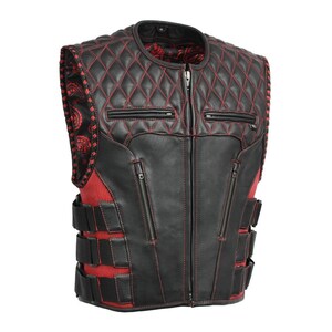Herren schwarz rot Seitenriemen Langlebige Reißverschlussfront Slim Fit Gesteppte Schulter Moderne Streetwear Echtes Rindsleder Robuste Motorradlederjacke