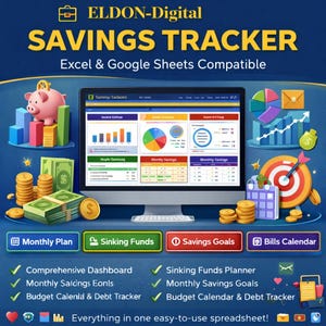 May include: A digital savings tracker advertisement. The image features a computer screen displaying financial charts and graphs. Accompanying graphics include a piggy bank, stacks of coins and money, and a target with an arrow. Text includes "SAVINGS TRACKER" and "Excel & Google Sheets Compatible."