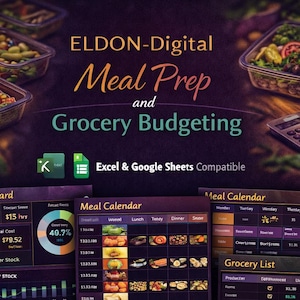 Planificador de comidas, seguimiento del presupuesto de comestibles, base de datos de recetas (descarga digital)