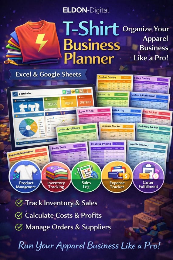 T-Shirt Business Planner Spreadsheet, Apparel Inventory Tracker (Excel, Google Sheets)