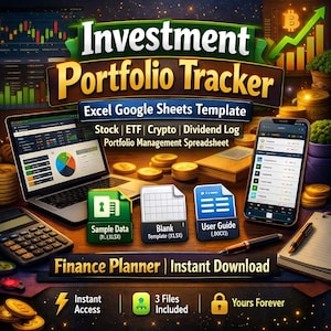 Op de afbeelding: Een advertentie voor een beleggingsportfoliotracker. De afbeelding toont een laptop, smartphone, rekenmachine en documenten. Tekst omvat "Investment Portfolio Tracker", "Excel Google Sheets Template" en "Finance Planner | Instant Download."