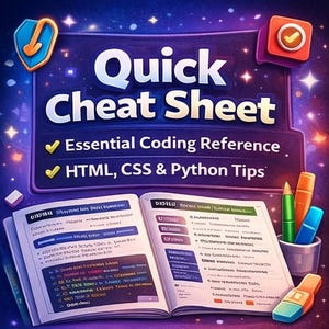 May include: An open book titled "Quick Cheat Sheet" with coding notes. The cover text reads "Essential Coding Reference" and "HTML, CSS & Python Tips." A shield and checkmark icon are visible. Pens and a highlighter sit in a small cup. The background is a starry night.