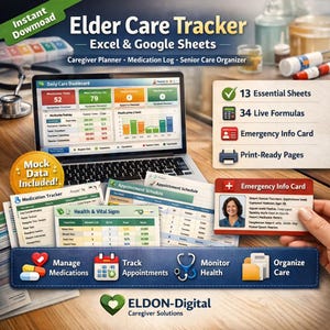 May include: An open laptop displays a daily care dashboard with charts and graphs. Accompanying it are print-ready pages, including a medication tracker, appointment schedule, and health and vital signs log. The image also features an emergency info card.