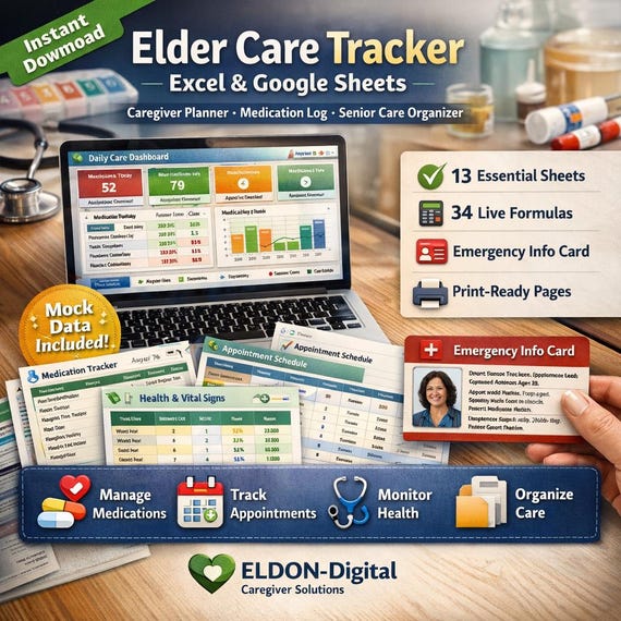 Elder Care Tracker Excel & Google Sheets | Caregiver Planner, Medication Log