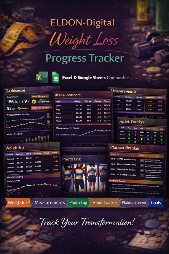 Weight Loss Tracker Spreadsheet, Body Measurements, Progress Photos (Digital Download)