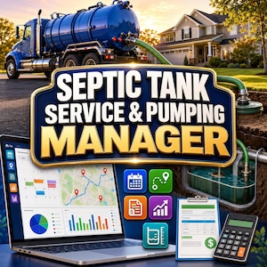 May include: A digital graphic featuring a blue septic truck, a residential home, and a laptop displaying data charts and maps. The text reads SEPTIC TANK SERVICE & PUMPING MANAGER in bold gold and white letters, accompanied by colourful icons and a calculator.