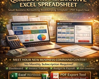 QuickBooks Alternative Small Business Accounting Excel Spreadsheet | Invoice Tracker, Budget, Payroll (PDF Export Tool)