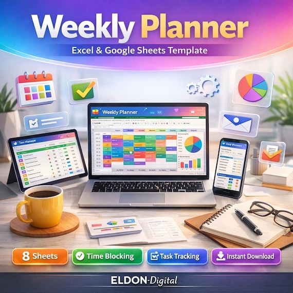 Weekly Planner Spreadsheet | Time Blocking, Task Manager (Excel, Google Sheets)