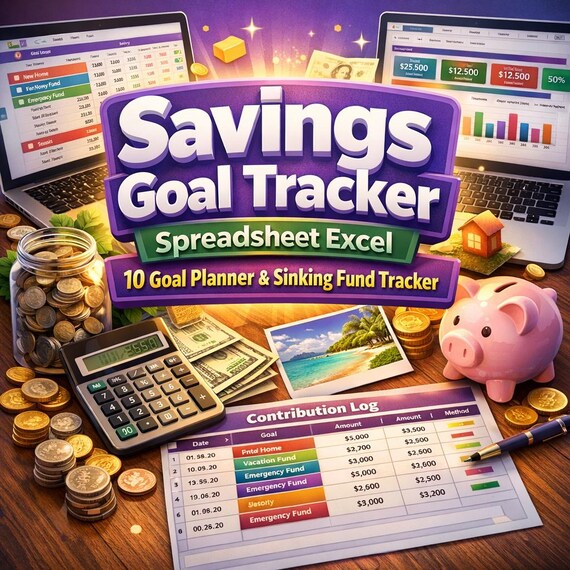 Savings Goal Tracker Spreadsheet: 10 Goal Planner, Sinking Fund (Excel/Sheets)