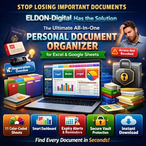 Pode incluir: Imagem promocional para um organizador de documentos pessoais. A imagem apresenta um laptop exibindo gráficos, cercado por ícones e texto. O texto inclui "PERSONAL DOCUMENT ORGANIZER" e "Find Every Document in Seconds!"