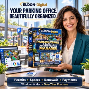 May include: A product box for Eldon-Digital Parking Permit & Facility Administration Manager software. The box displays a parking lot graphic, text, and device icons. A laptop shows the software interface, and a permit card sits on the desk.
