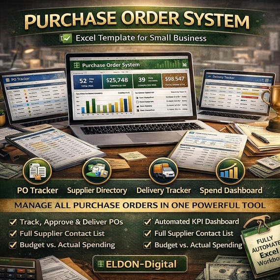Purchase Order System Excel Template | PO Tracker, Supplier Directory, Delivery Tracker (Digital Download)