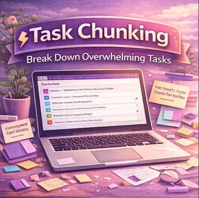 May include: A laptop displaying a task list on its screen, positioned beneath a purple banner with the text Task Chunking Break Down Overwhelming Tasks. The scene includes various sticky notes, a potted plant, and a pen on a purple surface.