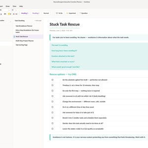 May include: A digital planner page titled Stuck Task Rescue, featuring a light blue section with prompts for avoiding tasks and a checklist of rescue options including timeboxing, body doubling, and breaking tasks into smaller, manageable steps.