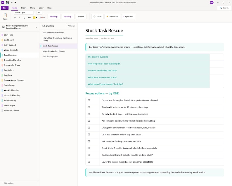 May include: A digital planner page titled Stuck Task Rescue, featuring a light blue section with prompts for avoiding tasks and a checklist of rescue options including timeboxing, body doubling, and breaking tasks into smaller, manageable steps.