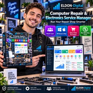 Op de afbeelding: Een softwareproductdoos en een laptop met het Eldon-Digital Computer Repair & Electronics Service Manager dashboard. De doos toont de softwarenaam, iconen voor multi-user, Windows, Mac en aankoopdetails. Een witte mok bevat de tekst Good Devices Brighter Tomorrow.