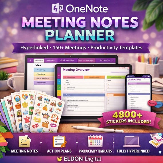OneNote Meeting Notes Planner, Hyperlinked Productivity Templates, 4800+ Stickers