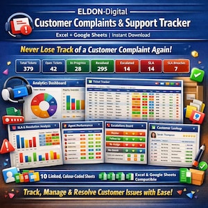 May include: A digital graphic promoting a customer complaints and support tracker for Excel and Google Sheets. The image displays various charts, graphs, and data tables, including an analytics dashboard and ticket tracker. Text includes "Never Lose Track of a Customer Complaint Again!"