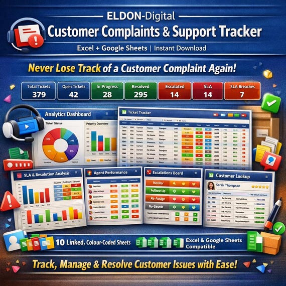 Customer Complaint Tracker | Excel, Google Sheets Support Ticket System