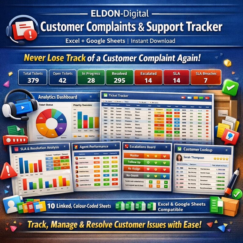 Customer Complaint Tracker | Excel, Google Sheets Support Ticket System ...