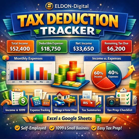 Tax Deduction Tracker Spreadsheet, Self-Employed Expense Log (Excel/Google Sheets)