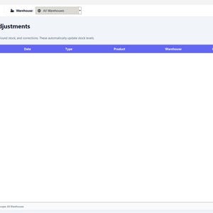May include: A digital inventory management system interface titled Stock Adjustments. The screen features a dark blue sidebar with navigation links, a top header with user profile, and a main white table area with columns for Adj #, Date, Type, Product, Warehouse, Qty, and Reason.