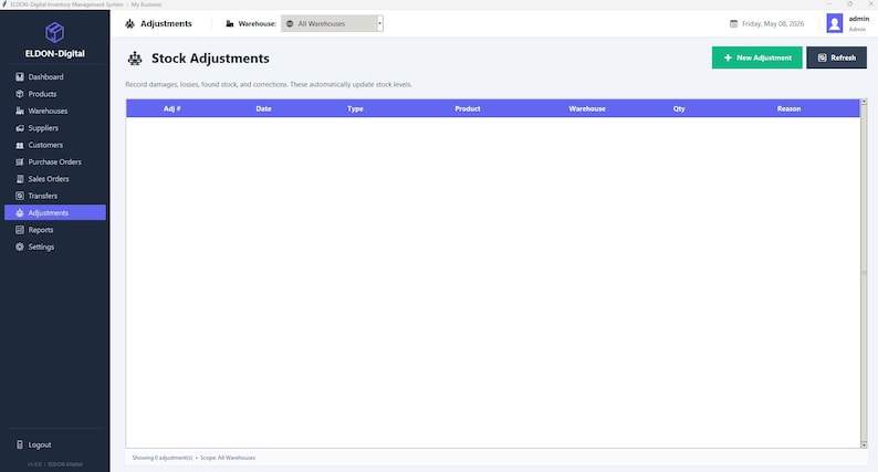 May include: A digital inventory management system interface titled Stock Adjustments. The screen features a dark blue sidebar with navigation links, a top header with user profile, and a main white table area with columns for Adj #, Date, Type, Product, Warehouse, Qty, and Reason.