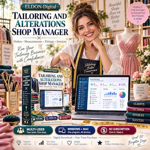 Könnte beinhalten: Ein digitales Softwareprodukt namens Eldon-Digital Tailoring and Alterations Shop Manager, dargestellt auf einem Laptop-Bildschirm und einer Box. Die Benutzeroberfläche zeigt Dashboards für Bestellungen, Maße, Anproben und Rechnungen sowie den Text Run Your Tailoring Business with Confidence und Multi-User Windows + Mac.