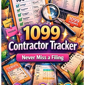 May include: A vibrant graphic promoting a 1099 Contractor Tracker. The image features a clipboard with a 1099 form, a laptop, and a magnifying glass. Text includes "Never Miss a Filing", "Track Payments", "Flag $600+", and "Auto-Reminders".