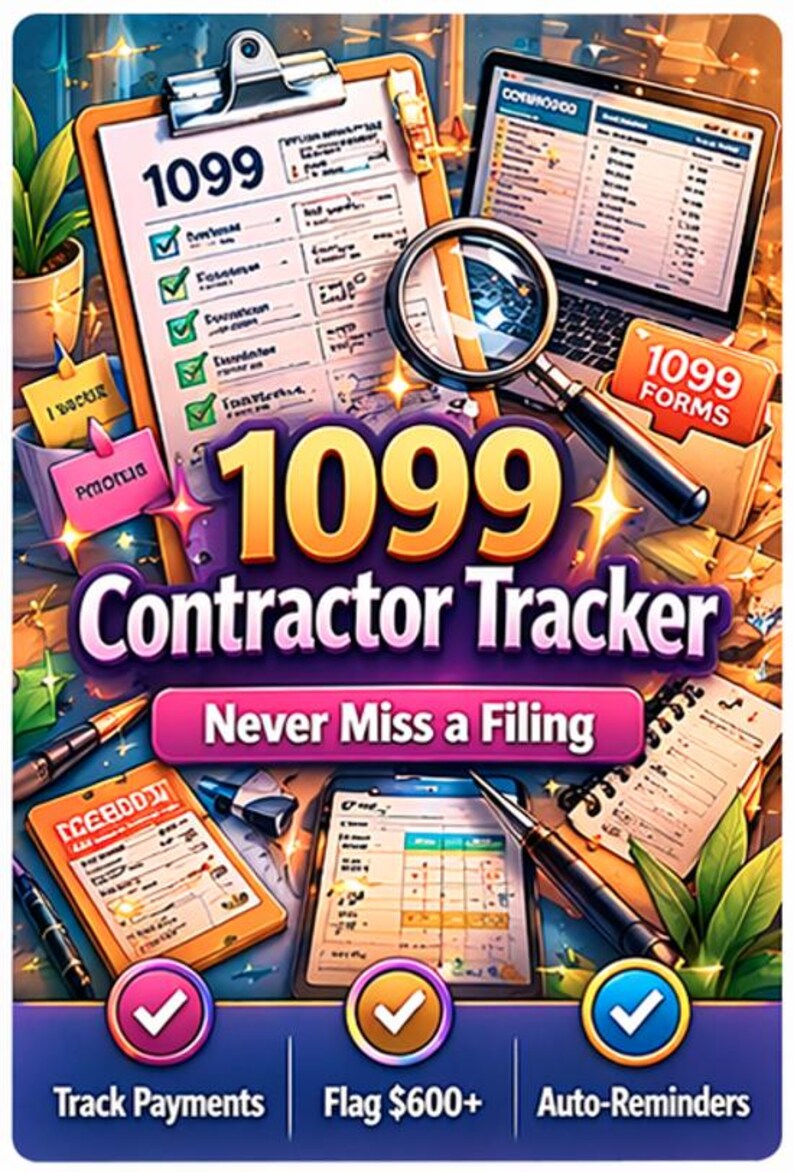 May include: A vibrant graphic promoting a 1099 Contractor Tracker. The image features a clipboard with a 1099 form, a laptop, and a magnifying glass. Text includes "Never Miss a Filing", "Track Payments", "Flag $600+", and "Auto-Reminders".