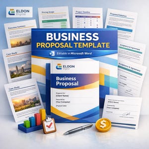 May include: A business proposal template with the text "BUSINESS PROPOSAL TEMPLATE" and "Editable in Microsoft Word". The image includes various documents, a pen, a gold coin, and a bar graph.