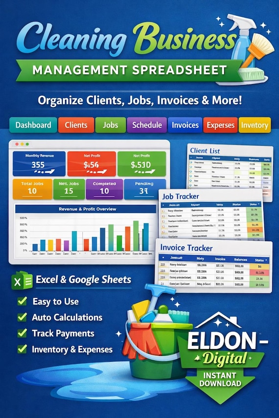 Cleaning Business Management Spreadsheet Template Excel & Google Sheets | Cleaning Schedule, Invoices, Expenses, Clients, Dashboard