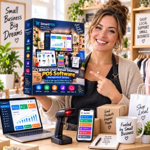 May include: A SmartPOS retail store management system box featuring software for tablets, phones, and PCs. The box displays a barcode scanner, inventory, and reporting icons. Included are a laptop, a barcode scanner, a smartphone, and a mug.