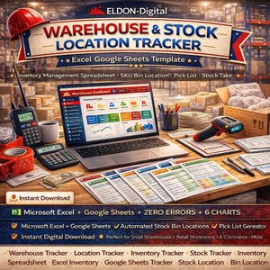 Op de afbeelding: Een laptop met een warehouse dashboard staat op een houten bureau, omringd door kantoorbenodigdheden en documenten. De afbeelding bevat een rekenmachine, scanner en een banner met de tekst "Warehouse & Stock Location Tracker".
