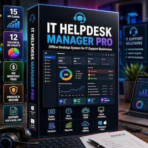 May include: A black software box for IT HELPDESK MANAGER PRO featuring a dashboard interface with charts, ticket tracking, and SLA timers. The box lists features like 15 KPI cards, 12 3D charts, no monthly fees, and secure offline access for Windows and Mac.